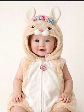 Plush Beige Bunny rabbit Toddler Costume with Flower Headband